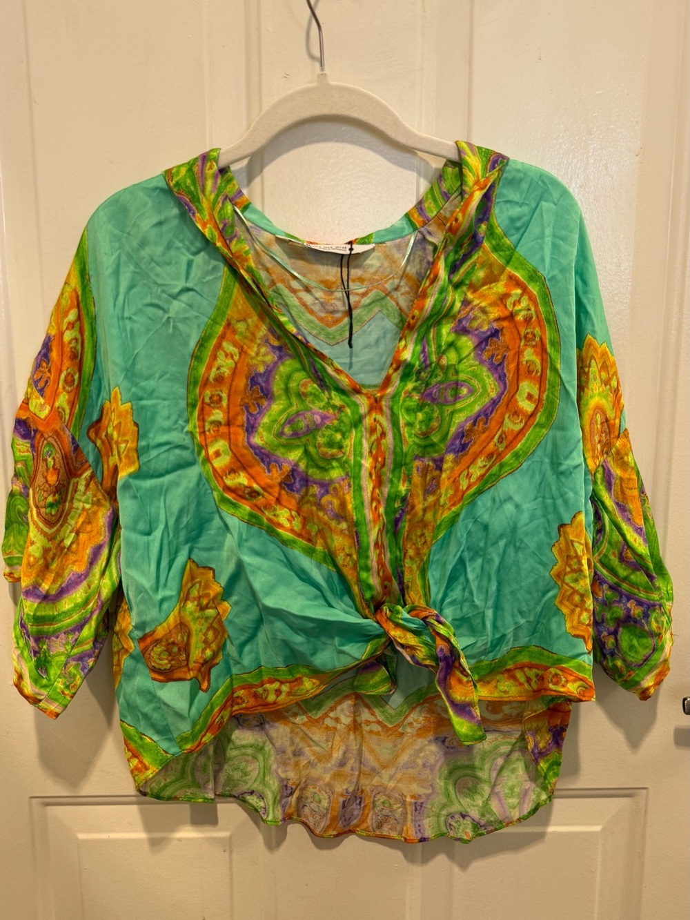 Zara satin Light Teal Boho Tie-Front Women's Top small